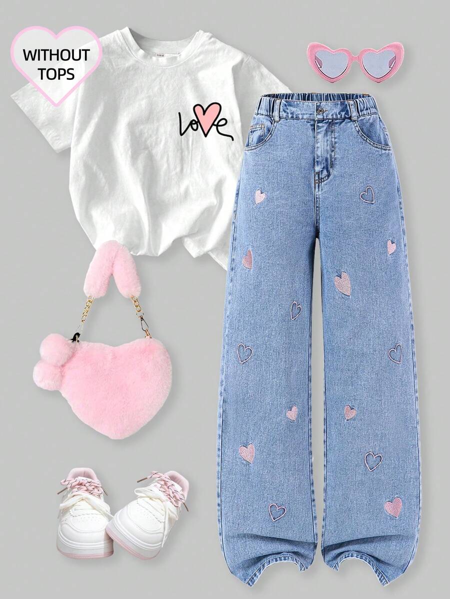 Sparklyn Teen Girl Fashionable Jeans Y2K Distressed Embroidered Wide Leg Jeans With Heart Embroidery And Zipper Closure Wide Leg Jeans,Y2K New Design PINK Embroidered Heart Straight Leg Baggy Jeans 90s Y2k - Blue - View 1