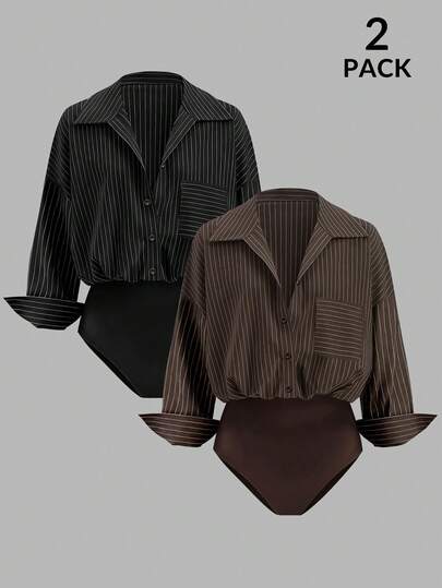 Airaco Women's Striped & Solid Color Patchwork Bodysuit, Minimalist Everyday Wear, Long Sleeve