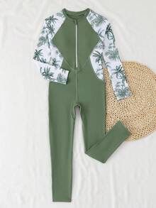 SHEIN 少女连体泳衣，绿色棕榈叶针织面料，长袖，拉链连体裤，时尚休闲优雅女士款，适合游泳、夏季度假、海滩、泳池、节日派对等场合。 - 綠色 - 查看 2