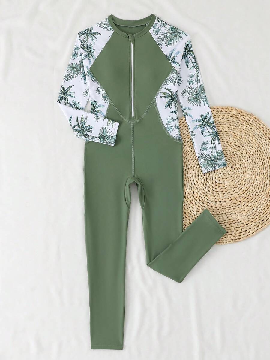 SHEIN Baju Renang Terusan Anak Perempuan, Motif Daun Palem Hijau Lengan Panjang dengan Resleting Depan, Pelindung Ruam, Hadiah Liburan Pantai Tropis Musim Panas yang Lucu, Sopan