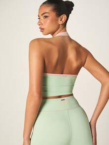 Missguided x Playboy Sage Halter Neck Sports Tank Top With Logo Print And Pink Contrast Trim - Green - View 2