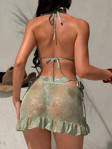 Swim SXY 3pcs Set: Tie-Dye Print Beaded Halter Top, Tie-Front Swim Bottoms, And Mini Skirt Bikini Set - Multicolor - View 2