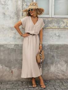 Brillora V领半开襟纹理面料女士宽松短袖连衣裙，适合户外度假，春夏皆宜 - 杏色 - 查看 7