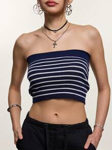 Rina Fox Sexy Striped Spaghetti Strap Camisole Top, Knit Undershirt For Summer, Wear Alone Or As Layering - Blue and White - View 5