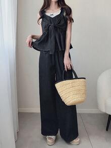 FRIFUL Women's Casual Denim Set With Knotted Design Blouse And Wide Leg Pants - Dark Grey - View 4