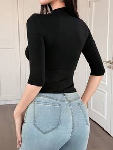 DAZY Áo thun nữ tay ngắn màu đen dáng ôm, thích hợp cho mùa xuân, mùa hè, ngày Valentine và mặc đi làm. - màu đen - Xem 2