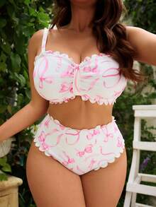 Swim Mod 2026 New Summer Beach Vacation Cute Ruffle Pink Bow Pattern Bandeau Two-Piece Swimwear Set, Plus Size - Yellow - View 1