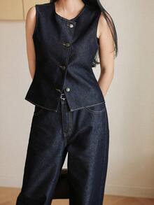 Dazy-Less Bộ đồ denim nữ phong cách xuân/hè, dáng rộng thoải mái, kiểu dáng nghỉ dưỡng, áo vest không tay màu xanh dương và quần ống rộng thẳng, sang trọng kiểu cổ điển. Phong cách công sở thường ngày. - Màu xanh lam - Xem 6