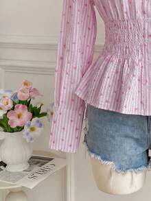 SHEIN EZwear Camisa casual de talla grande con estampado de corazones a rayas, otoño - Multicolor - Ver 3