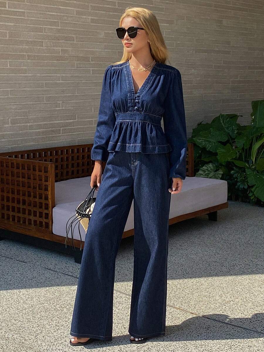 Livesso 女士V领上衣和喇叭牛仔裤套装 - 藍色 - 查看 1