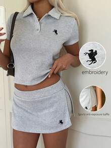 CovetEZ 2pcs Set Women's Casual 2026 New Spring/Summer Home Casual Sporty Fashion Versatile Basic Lapel Button Half-Open Embroidered Pattern Short-Sleeved Top And Skirt Two-Piece Casual Daily Set - Grey - View 1