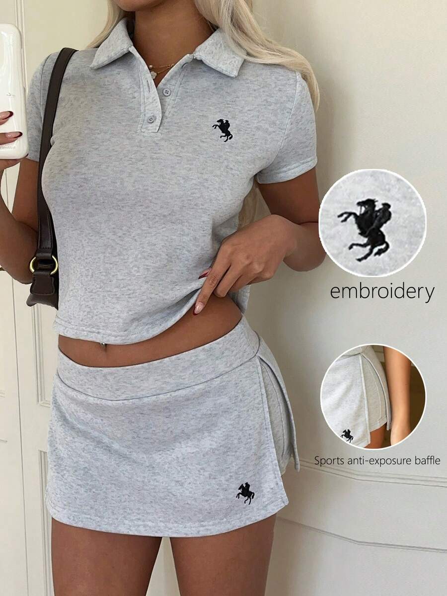 CovetEZ 2pcs Set Women's Casual 2026 New Spring/Summer Home Casual Sporty Fashion Versatile Basic Lapel Button Half-Open Embroidered Pattern Short-Sleeved Top And Skirt Two-Piece Casual Daily Set - Grey - View 1