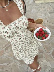 Serisse 女士夏季度假碎花方领撞色蕾丝收腰短裙 - 彩色 - 查看 8