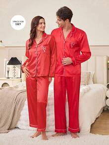 SHEIN Faux Silk Striped Jacquard Collar Heart Embroidery Pocket Long Sleeve Pajama Set For Men - Red - View 7