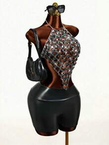 Mistrie 女士钻石细节吊带露背印花T恤，夏季，夏季上衣，夏季，夏季假期，女士夏季装，春季，春季女士装，春假，春季，春季，春季女士装，春季女士装，度假女士装，女士假期，夏季假期，女士度假，假期，假期，夏季假期，女士海滩假期 - 灰色 - 查看 4