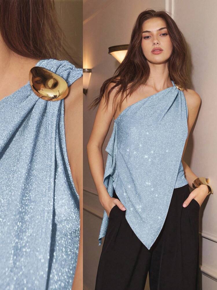 SHEIN Maija Women's Glitter Asymmetric Shoulder Top St Patrick's Day Women Easter Summer Women Party Top Beach Summer Holiday Each Vacation For Women Summer For Women Going Out Graduation Casual Top For Women