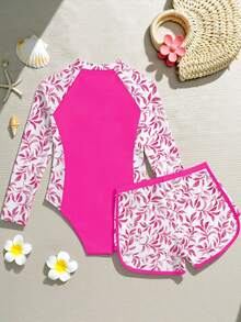 全新时尚女童可爱印花连体泳衣 - 玫紅色 - 查看 2