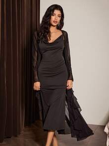 女士成熟性感修身垂褶领吊带睡裙+薄纱长袍睡衣套装 - 黑色 - 查看 6