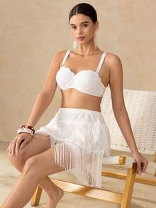 Swim Oasis Women's Solid Color Shell Trim Ruched Bikini Set, Summer - Beige - View 3