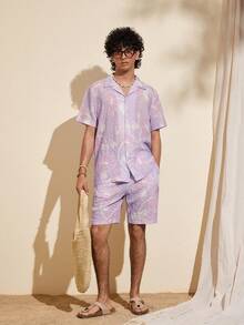 Felipe Marques Conjunto de camisa de manga corta y pantalones cortos con estampado floral y de pájaros para hombre, de corte holgado, atuendo casual para vacaciones en primavera/otoño y fiestas en la playa - Púrpura malva - Ver 5