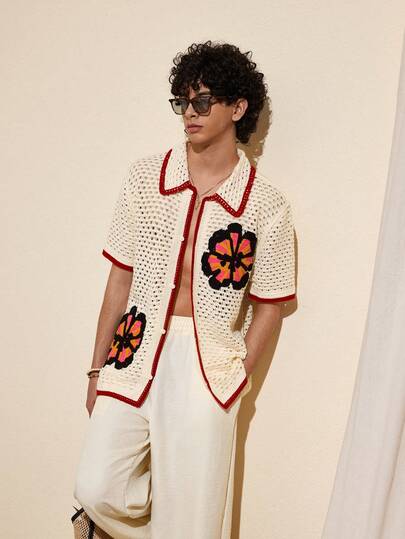 Felipe Marques 男士花卉图案镂空短袖单排扣针织上衣