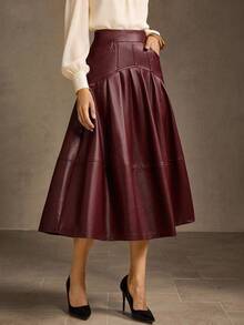 MOTF PREMIUM WOMEN'S ENCORE RED PU LEATHER PLEATED A-LINE SKIRT - Red - View 4