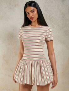 COSMINA 女士条纹圆领短袖荷叶边迷你连衣裙 - 彩色 - 查看 5