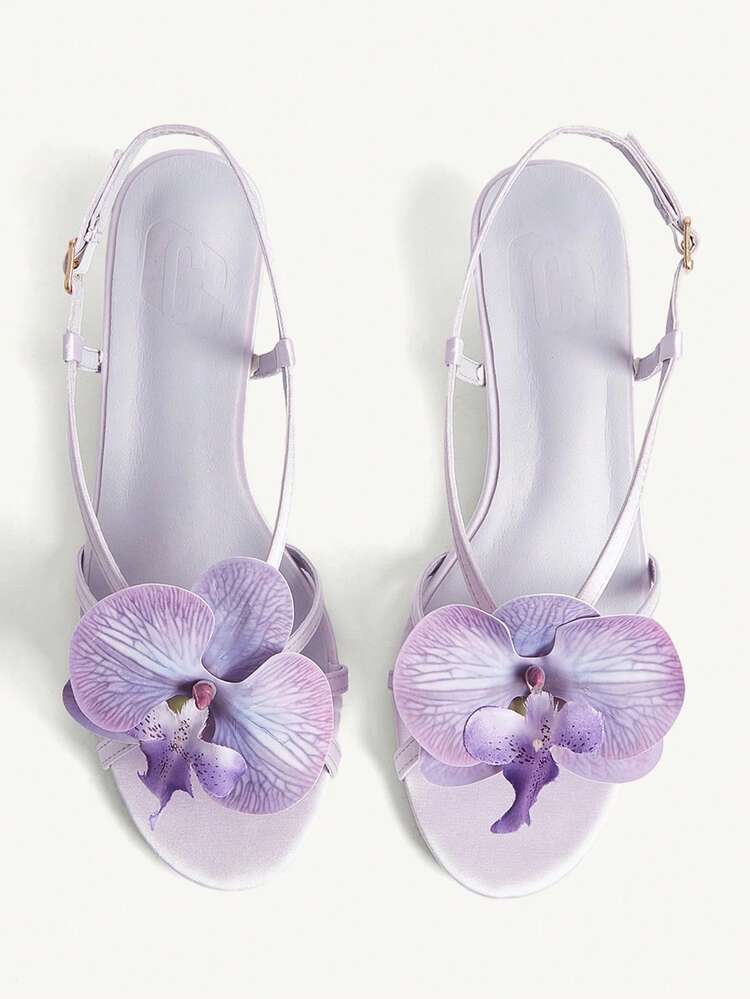 CUCCOO CHICEST Women's Purple Satin Floral Decor Strap Elegant Fashion Kitten Heel Sandals Summer Shoes Wedding Shoes Bride Shoes