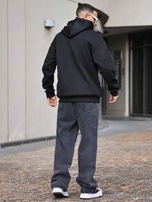 Devon Thys 男士套头连帽衫，带抽绳，宽松版型，文字印花设计，适合秋冬季节，长袖上衣 - 黑色 - 查看 7