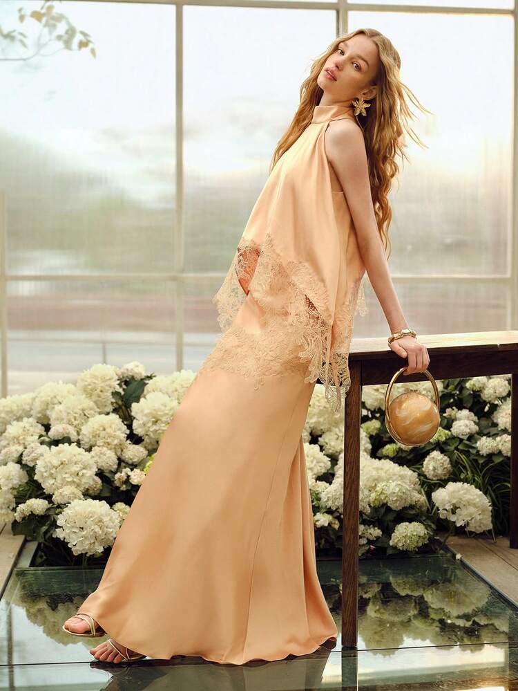 2PCS/SET LACE PATCHWORK HALTER TOP AND FISHTAIL SKIRT, SPRING/SUMMER