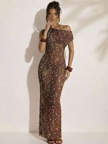 SHEIN BAE 女士印花极简日常穿搭不对称肩部透视泳衣罩衫 - 棕色 - 查看 2