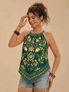 Travachic 大码波西米亚风休闲度假沙滩吊带露肩印花吊带背心女款 - 墨綠色 - 查看 5