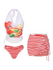 Swim Vcay Summer New Tropical Fruit Print Halter Drawstring Waist Beach Skirt, 4pcs Women Bikini Swimsuit Set For Beach Holiday - Multicolor - View 2
