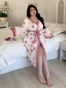 Dazy Plus Plus Size Women Floral Print Trim Tie Waist Loose Robe - Pink - View 4