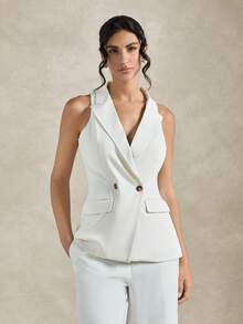 Briarwyn Conjunto de Terno Feminino com Blazer Casual de Gola Mandarim de Cor Sólida, Sem Mangas, Dupla Fileira de Botões, Fino, Roupas de Trabalho Elegantes para Mulheres de Escritório, Vestido Formal, Branco, Traje de Formatura, Cerimônia de Formatura - Damasco - Visão 3