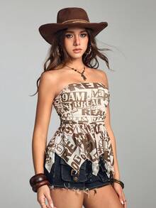 ROMWE Fairycore Áo hai dây họa tiết chữ gợi cảm Urban Loose Vibe có viền bất đối xứng dành cho nữ - Nhiều màu - Xem 4