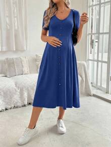 SHEIN Đầm bầu tay ngắn cổ chữ V thanh lịch dáng chữ A có cúc trang trí dành cho nữ, thích hợp cho mùa hè. - Màu xanh lam - Xem 4