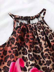 SHEIN 女童豹纹和花卉图案针织无袖休闲连衣裙 - 黑色 - 查看 8
