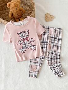 2pcs Baby Girls Elegant Pink Black White Plaid Bear Bow Print Round Neck Long Sleeve Top And Plaid Pants Snug Fit Comfortable Homewear Set - Pink - View 1