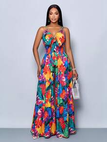 SOLERSUN 女士无袖热带印花褶皱系带前腰收紧阔腿连体裤，竹节拼接度假连体裤，镂空细节，适合海岛度假/海滩之旅（随机花卉图案） - 彩色 - 查看 5