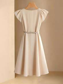 Franclia Robe longue pour femmes avec col en V, manches à volants et ceinture - Nude - Voir 2