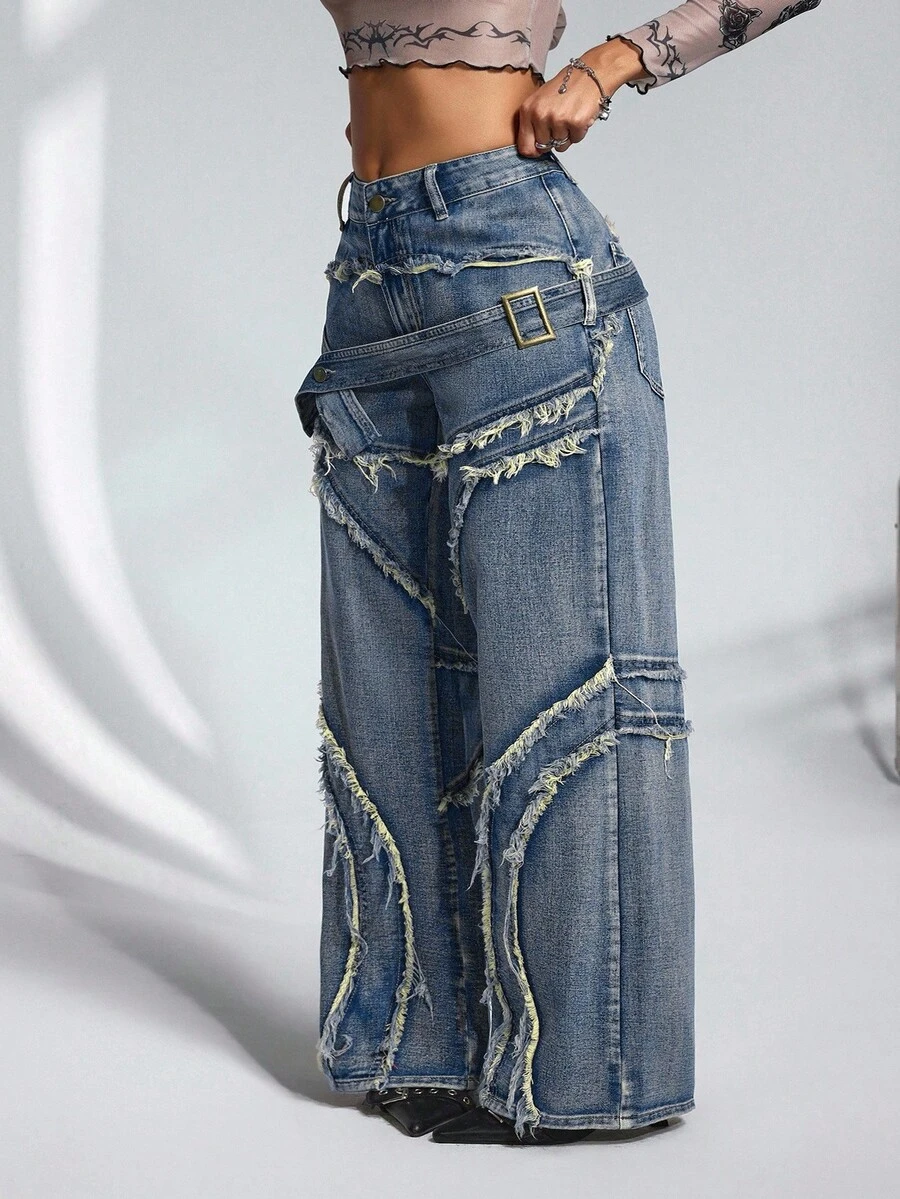 Jeanoix Jeans de pierna ancha lavados y deshilachados de talla grande - Azul - Ver 1