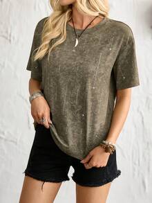 Florisole Fashionable, Casual, Loose-Fitting, Round Neck, Short-Sleeved, Retro Tie-Dye Top With Sparkling Rhinestones, Women's Spring/Summer T-Shirt, Women's Casual Top For Going Out. Womens Graphic Tees Drop Shoulder Tee Rhinestone Shirt Sparkle Top Glitter Top Women - Green - View 5