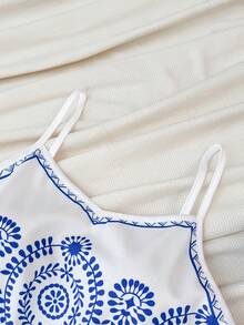 SHEIN Set da 2 pezzi per ragazze adolescenti, composto da una camicia bianca basic con nodo davanti e un tuta con scollo a V e stampa tropicale floreale, adatto per primavera/estate, casual, vacanze, spiaggia, pranzi fuori, campagna - Blu e Bianco - Visualizzare 6