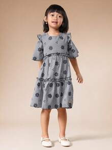 SUMWON Girls Flutter Sleeve Gingham Floral Dress With Ruffle Tiers And Elastic Waist For Spring Summer Casual Wear Vacation - Navy Blue - View 3