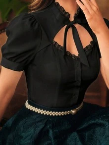 Vintamour Áo sơ mi nữ cỡ lớn kiểu cổ điển thanh lịch, viền ren, tay phồng, cổ nơ, thích hợp cho mùa hè, lễ hội, nhạc đồng quê và các buổi hòa nhạc. - màu đen - Xem 3