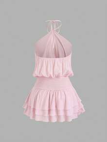 Sweetra Pink Spicy Sexy Street Style Backless Mini Dress, Halter Neck, Suitable For Dates, Vacation, Summer - Pink - View 2