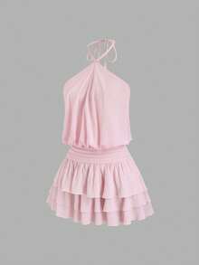 Sweetra Pink Spicy Sexy Street Style Backless Mini Dress, Halter Neck, Suitable For Dates, Vacation, Summer - Pink - View 8