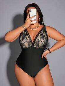 Shapewave 2026 New Summer Beach Lace & Mesh Patchwork Adjustable Drawstring Plus Size One-Piece Swimsuit - Black - View 7