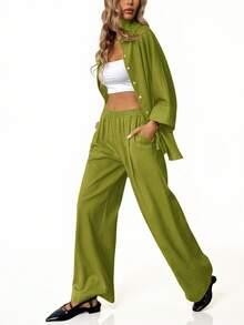 Aveloria Modichic 2件套 女士混纺侧开衩宽松衬衫和高腰阔腿裤 优雅商务休闲女装 - 綠色 - 查看 2